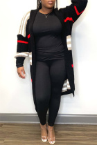 Black Casual Striped Cardigan Plus Size Overcoat