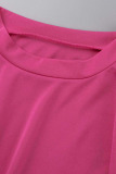 Rose Red Casual Sportswear Solid Patchwork Fold O Neck Long Sleeve Two Pieces