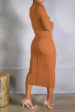 Orange Casual Solid Patchwork Half A Turtleneck Long Sleeve Dresses