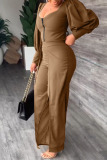 Brown Casual Solid Patchwork Slit Zipper Square Collar Long Sleeve Two Pieces