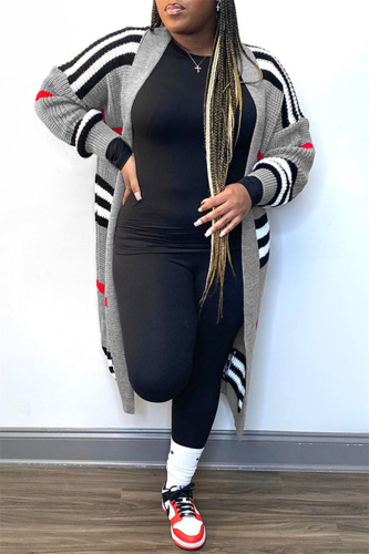 Grey Casual Striped Cardigan Plus Size Overcoat