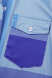 Blue Casual Striped Print Patchwork Buckle Turndown Collar Shirt Dress Dresses