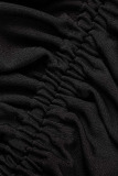 Black Sexy Solid Patchwork Draw String Fold V Neck Pencil Skirt Dresses