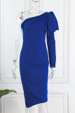 Blue Elegant Solid Patchwork Oblique Collar One Step Skirt Dresses