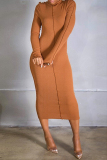 Orange Casual Solid Patchwork Half A Turtleneck Long Sleeve Dresses