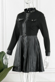Pure Black Casual Patchwork Basic Mandarin Collar Long Sleeve Dresses