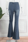 Dark Blue Casual Solid Patchwork Mid Waist Regular Denim Jeans
