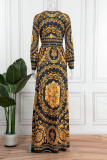 Gold Casual Print Patchwork Slit V Neck Long Sleeve Dresses