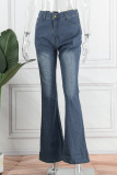 Baby Blue Casual Solid Patchwork Mid Waist Regular Denim Jeans