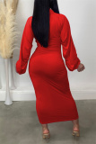 Red Casual Solid Patchwork Zipper Collar Long Sleeve Dresses