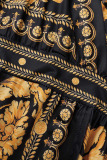 Gold Casual Print Patchwork Slit V Neck Long Sleeve Dresses
