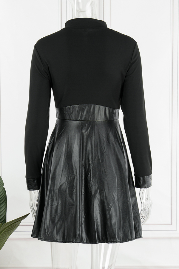 Casual College Print Patchwork Mandarin Collar Pleated Dresses(4 Colors)
