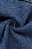 Medium Blue Casual Solid Patchwork Turndown Collar Long Sleeve Regular Denim Jacket