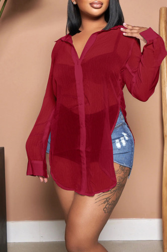 Burgundy Casual Solid Patchwork Buckle Turndown Collar Tops