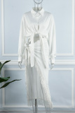White Casual Solid Tassel Slit Turndown Collar Long Sleeve Two Pieces