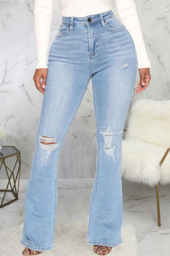 Light Blue Casual Solid Ripped Patchwork High Waist Boot Cut Denim Jeans