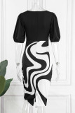 Black Elegant Print Bandage Patchwork Asymmetrical Collar One Step Skirt Dresses