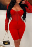 Red Sexy Solid Patchwork See-through Fold Zipper Square Collar Skinny Rompers