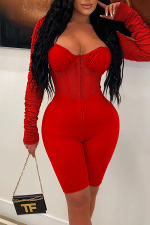 Red Sexy Solid Patchwork See-through Fold Zipper Square Collar Skinny Jumpsuits