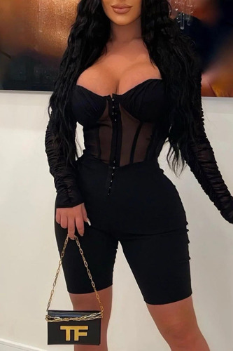 Black Sexy Solid Patchwork See-through Fold Zipper Square Collar Skinny Rompers