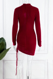 Red Sexy Solid Bandage Hollowed Out Patchwork Half A Turtleneck Pencil Skirt Dresses