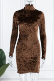Coffee Sexy Solid Patchwork Turtleneck Pencil Skirt Dresses