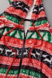 Red Green Casual Print Patchwork Hooded Collar Regular Jumpsuits