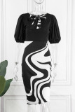 Black Elegant Print Bandage Patchwork Asymmetrical Collar One Step Skirt Dresses
