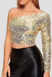 Silver Sexy Solid Sequins Patchwork Oblique Collar Tops