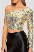 Gold Sexy Solid Sequins Patchwork Oblique Collar Tops