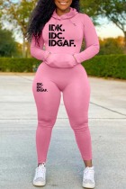 Pink Casual Letter Print Basic Hooded Collar Long Sleeve Two Pieces