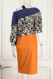 Tangerine Casual Elegant Print Leopard Patchwork Oblique Collar One Step Skirt Dresses