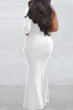 White Elegant Solid Patchwork Hot Drill Oblique Collar Long Dress Dresses