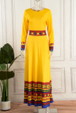 Yellow Casual College Print Patchwork O Neck Long Sleeve Dresses