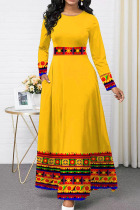 Yellow Casual College Print Patchwork O Neck Long Sleeve Dresses