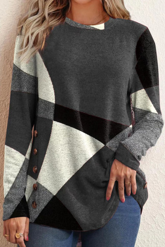 Grey Casual Color Lump Print Patchwork O Neck Tops
