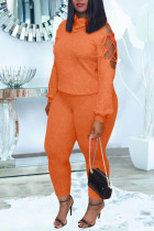 Orange Casual Solid Bandage Hollowed Out Patchwork Turtleneck Long Sleeve Two Pieces