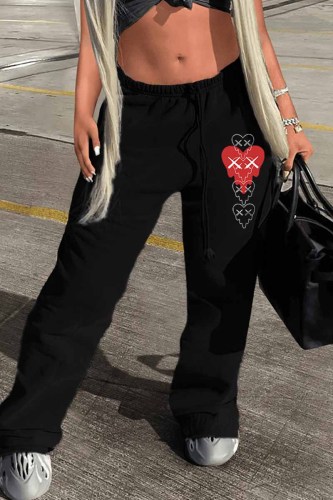 Black Street Print Patchwork Straight Bottoms