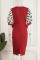 Red Casual Dot Patchwork V Neck Pencil Skirt Dresses