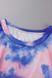Deep Blue Casual Print Tie-dye O Neck Long Sleeve Two Pieces