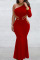 Red Elegant Solid Patchwork Hot Drill Oblique Collar Long Dress Dresses