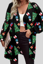 Christmas Tree Casual Print Patchwork Cardigan Collar Outerwear