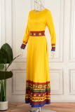 Yellow Casual College Print Patchwork O Neck Long Sleeve Dresses