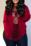 Red Casual Print Ripped Backless O Neck Tops