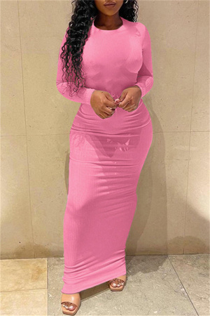 Pink Casual Solid Basic O Neck Long Sleeve Dresses