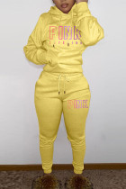 Yellow Casual Letter Print Basic Hooded Collar Long Sleeve Two Pieces