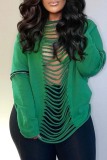 Green Casual Letter Print Ripped Backless O Neck Tops