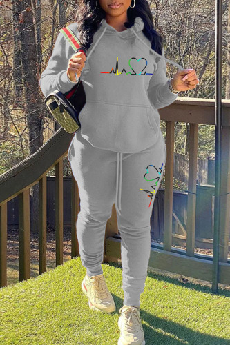 Grey Casual Print Patchwork Hooded Collar Long Sleeve Two Pieces