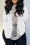 White Casual Letter Print Ripped Backless O Neck Tops