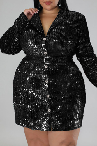 Black Sexy Solid Sequins Patchwork Buckle Turndown Collar Straight Plus Size Dresses